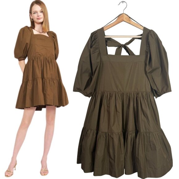 En Saison Gilda Tie-Back Poplin Mini Dress Women's Small Brown Tiered Boho NWT - Picture 2 of 16